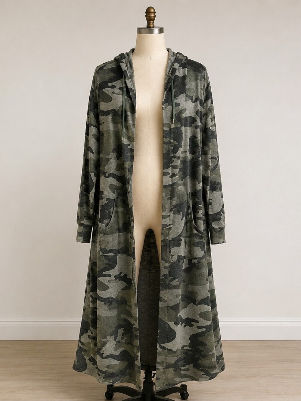 Cyrus Long Camo Hooded Open Front Cardigan Jacket Green Gray